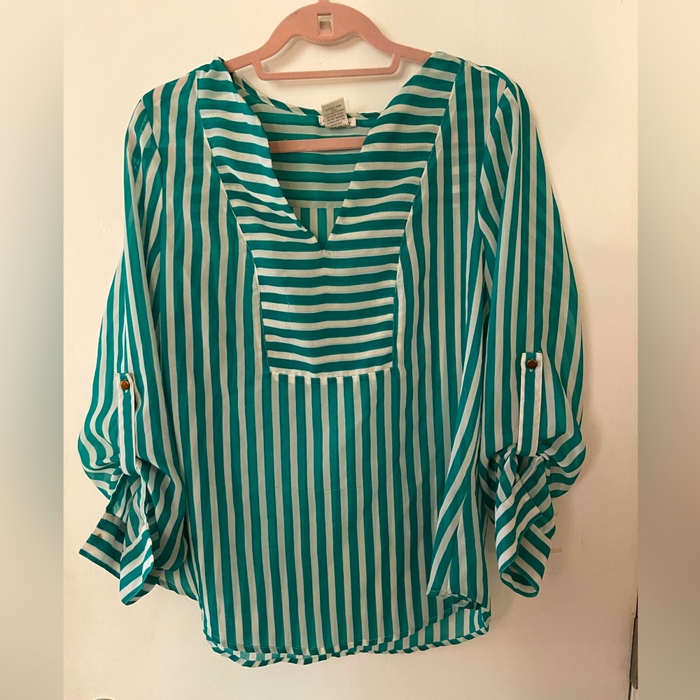 Dizzy Lizzy, 100% polyester women’s Top. Green and white striped.